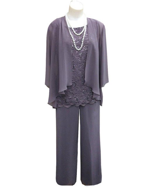 Mauve Chiffon Lace Mother of the Bride Dress Pants Suits 3 Pieces