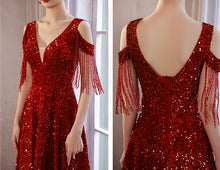 Load image into Gallery viewer, Burgundy Prom Dress 2023 V Neck Sequin Tassels
