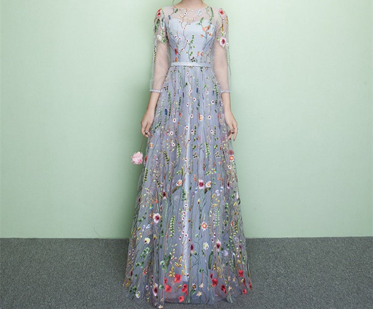 Floral Prom Dress 2023 Illusion Neck Embroidery Tulle