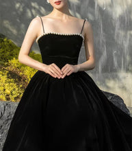 Load image into Gallery viewer, Black Prom Dress 2023 Velvet Spaghetti Straps with Pearls Corset Back
