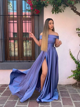 Load image into Gallery viewer, Purple Prom Dress 2023 Off the Shoulder Satin with Slit
