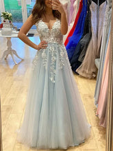 Load image into Gallery viewer, Light Blue Prom Dress 2023 Floral Tulle with Appliques
