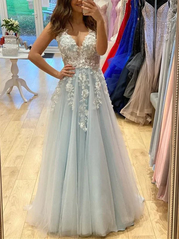Light Blue Prom Dress 2023 Floral Tulle with Appliques