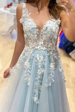 Load image into Gallery viewer, Light Blue Prom Dress 2023 Floral Tulle with Appliques
