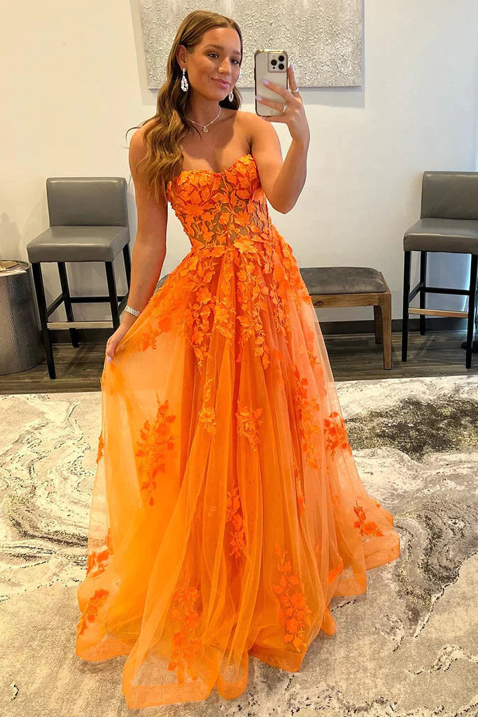 Orange Prom Dress 2023 Strapless Tulle with Appliques
