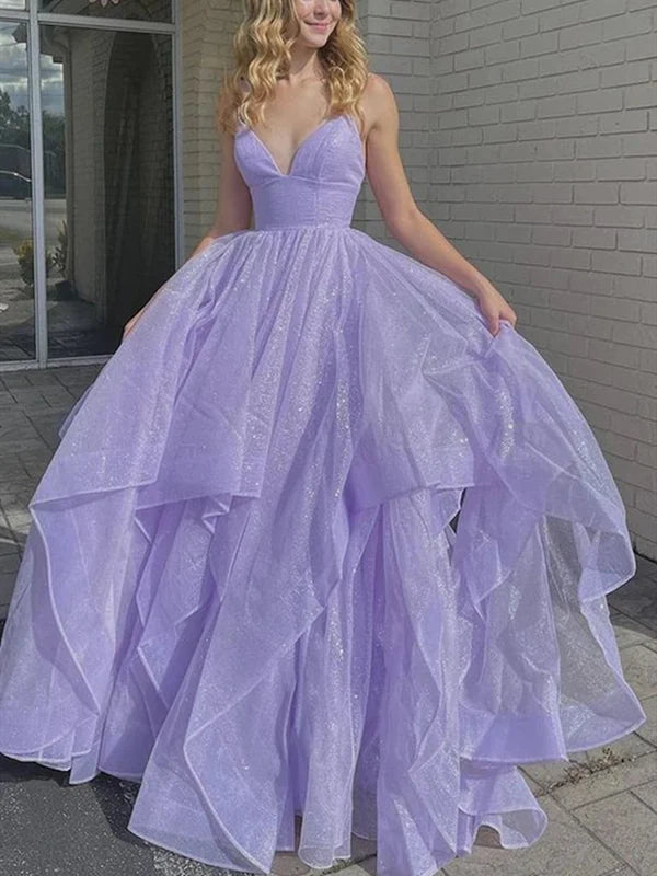 Purple Prom Dress 2023 Spaghetti Straps Sequined Tulle Ruffles