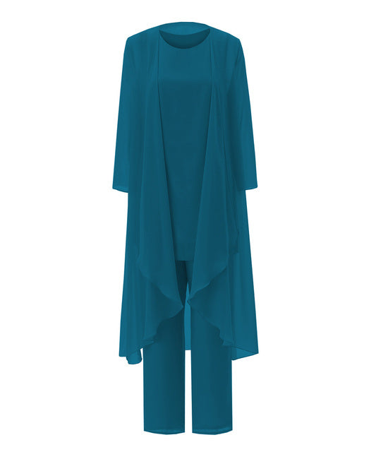 Teal Blue Mother of the Bride Dress - 3 Pieces Chiffon Jacket Vest Pants Plus Size Petite