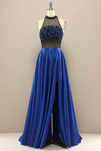 Load image into Gallery viewer, Long Prom Dress 2023 Jewel Neck Beaded Flower A-line Sleeveless Satin with Pleats
