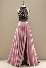 Load image into Gallery viewer, Long Prom Dress 2023 Jewel Neck Beaded Flower A-line Sleeveless Satin with Pleats
