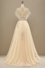 Load image into Gallery viewer, Floral Prom Dress 2023 Elegant Yellow Tulle Illusion Neck Pleats with Appliques Zipper Up
