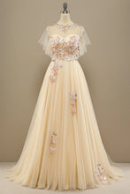 Load image into Gallery viewer, Floral Prom Dress 2023 Elegant Yellow Tulle Illusion Neck Pleats with Appliques Zipper Up
