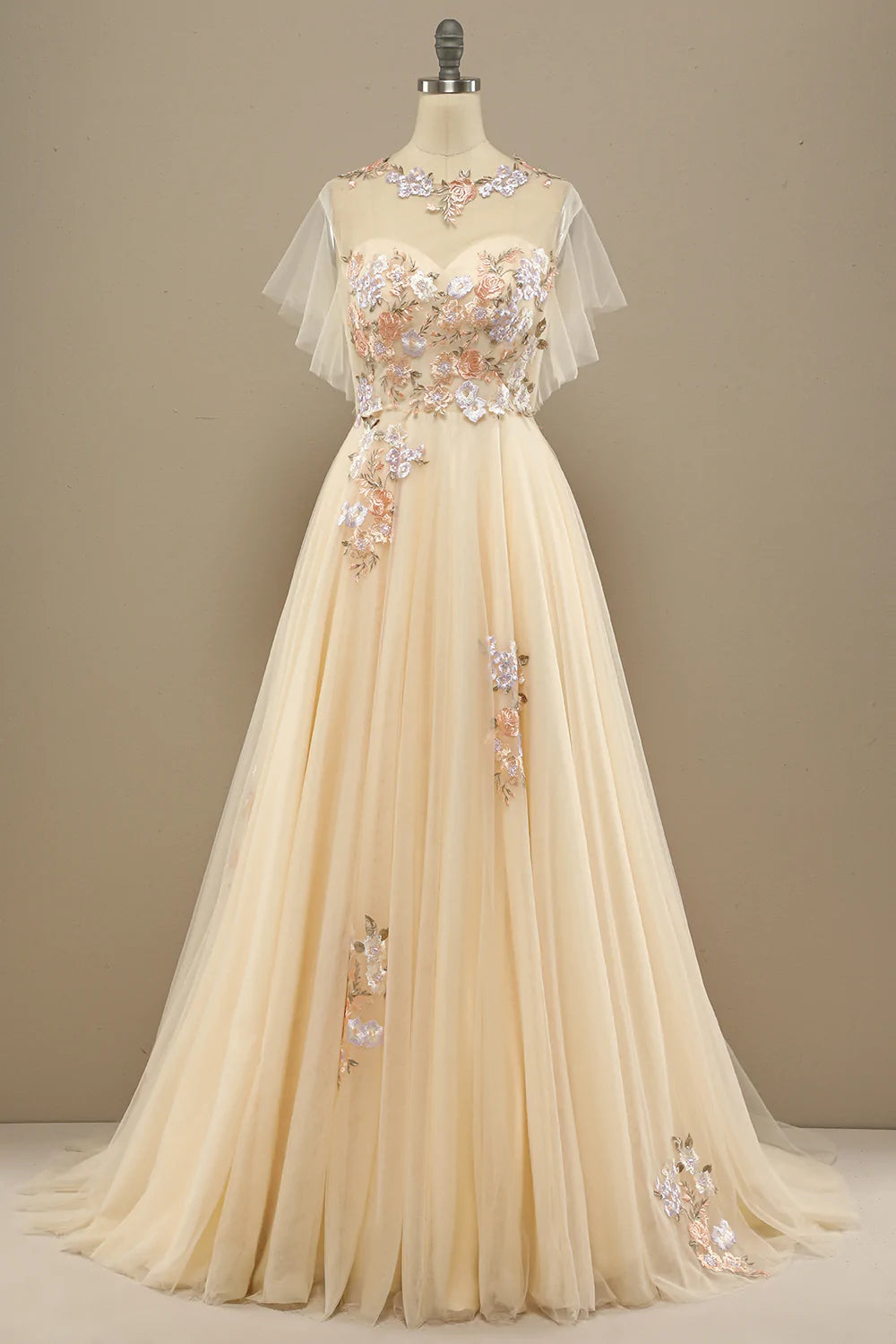 Floral Prom Dress 2023 Elegant Yellow Tulle Illusion Neck Pleats with Appliques Zipper Up