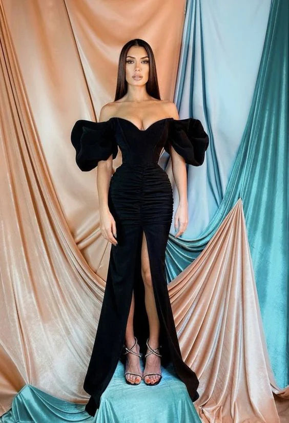 Black Prom Dress 2023 Off the Shoulder Puffy Sleeves with Slit