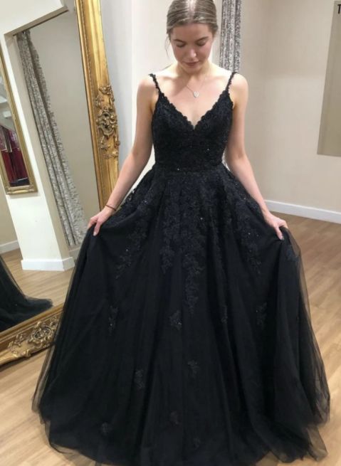 Black Prom Dress 2023 Spaghetti Straps Tulle with Appliques