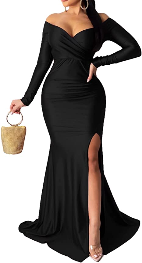 Prom Dresses 2023 with Long Sleeves Off the Shoulder Slit