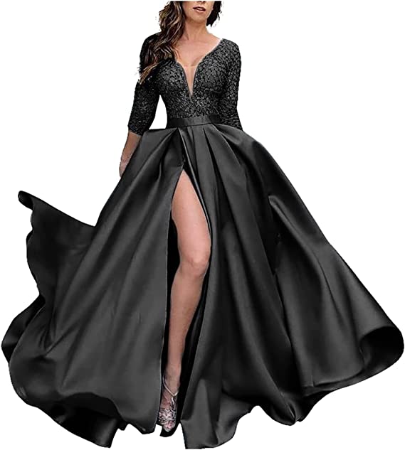 Prom Dresses 2023 for Women Ball Gown V Neck 3/4 Sleeves Slit