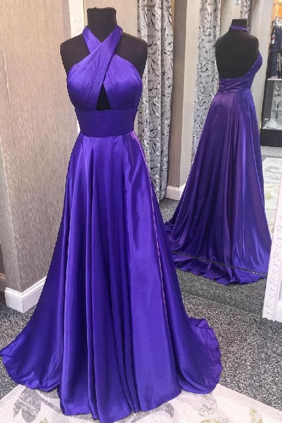 Dark Purple Prom Dress 2023 Halter Neck Satin with Pleats