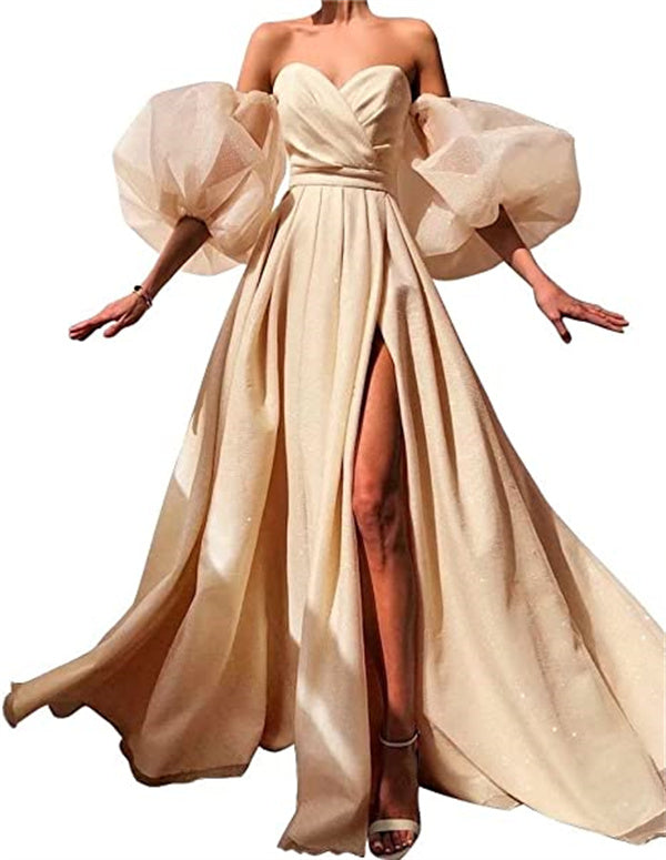 Prom Dresses 2023 with Puffy Sleeves Glitter Split Pleats – DCdress