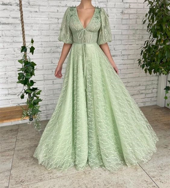 Mint Prom Dress 2023 Half Puffy Sleeves V Neck Tulle