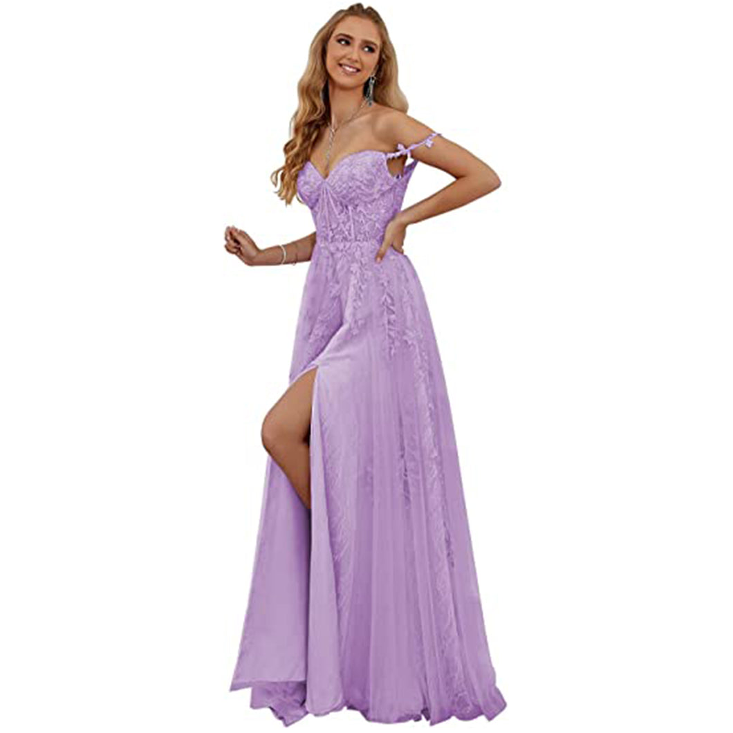 Lace Appliques Prom Dresses 2023 Spaghetti Straps Slit