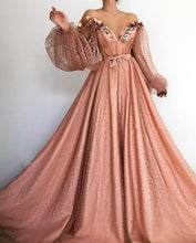 Load image into Gallery viewer, Pretty Prom Dress 2023 Pink Off the Shoulder Puffy Sleeves Beaded
