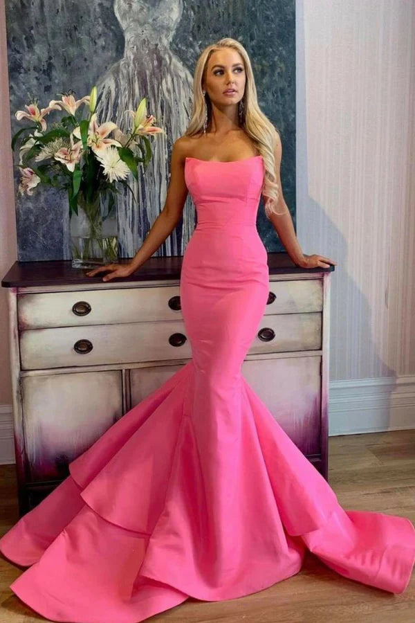 Unique Long Prom Dress 2023 Strapless Solid Color with Ruffles