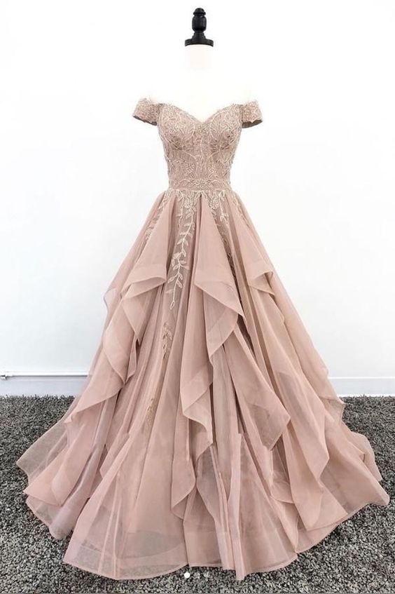 Blush Prom Dress 2023 Ruffles Off the Shoulder Horsehair