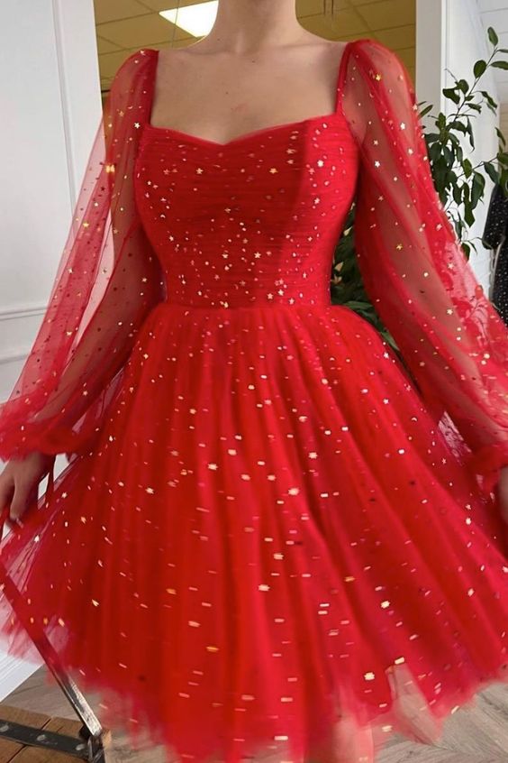 Long Sleeves Homecoming Dress 2022 Red Sparkly Tulle Short #hoco22