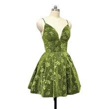 Load image into Gallery viewer, Green Floral Homecoming Dress 2022 Corset Back Short Spaghetti Straps Party Dress
