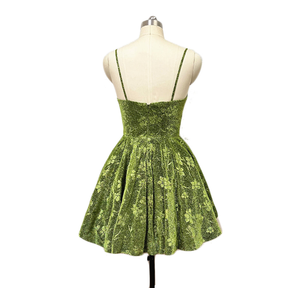 green emerald velvet dress Green Floral Homecoming Dress 2022 Corset Back Short Spaghetti Straps –  DCdress