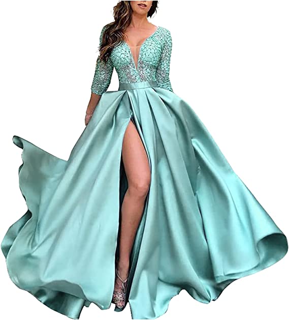 Prom Dresses 2023 for Women Ball Gown V Neck 3/4 Sleeves Slit – DCdress