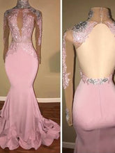 Load image into Gallery viewer, Pink Prom Dress 2023 Halter Neck Long Sleeves Appliques Open Back
