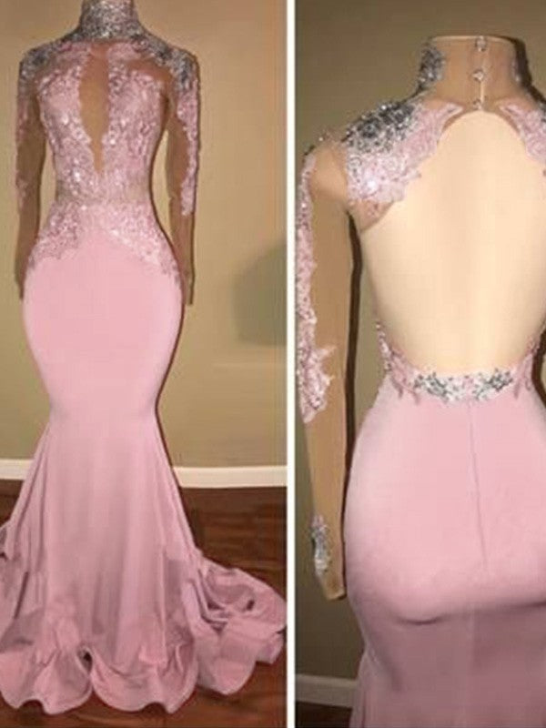 Pink Prom Dress 2023 Halter Neck Long Sleeves Appliques Open Back