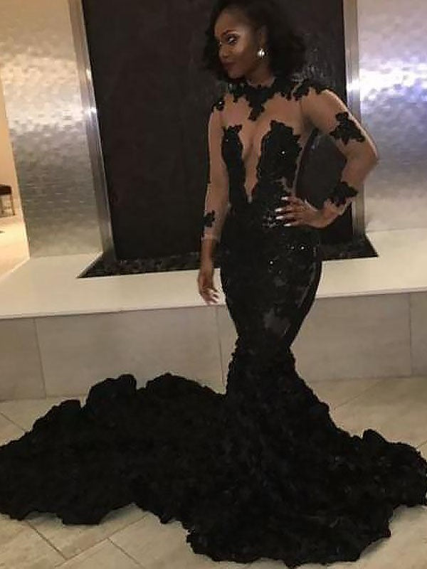 Black Girl Prom Dress 2023 Illusion Plunging Neck Long Sleeves