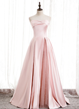 Load image into Gallery viewer, Blush Pink Prom Dress 2023 Strapless Satin with Slit
