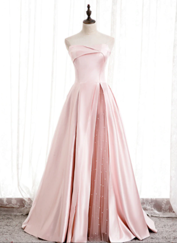 Blush Pink Prom Dress 2023 Strapless Satin with Slit