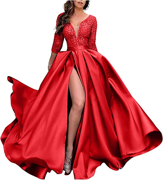 v prom dress md Charming Straps V-neck Red Bodice Prom Dress Evening Gown with Slit